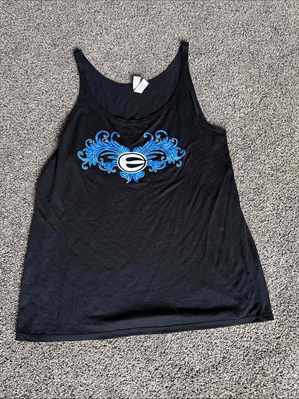 Black Scoop Neck Tank Top with Blue Scroll Graphic
